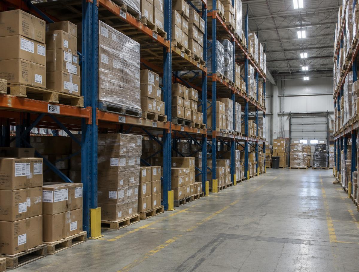 Warehouse aisle with palletized cartons stored on steel racking