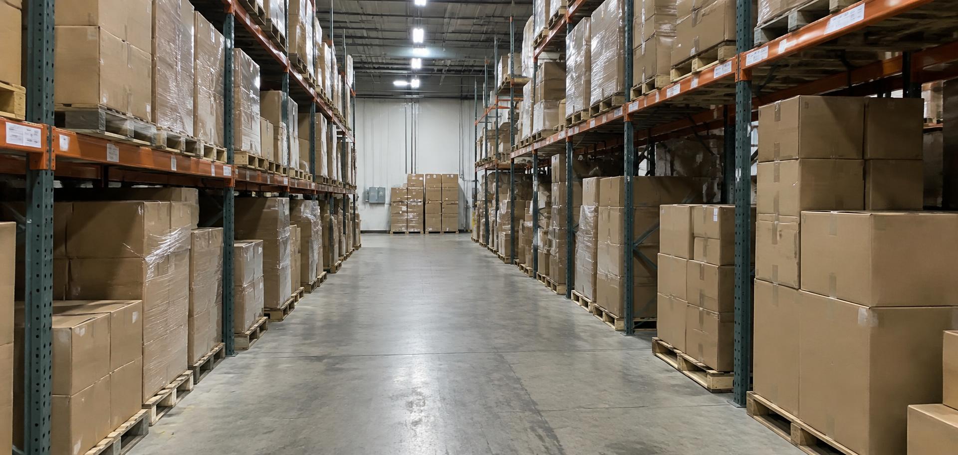 Loading dock with trailers backed into numbered bays while a forklift moves a pallet of cartons