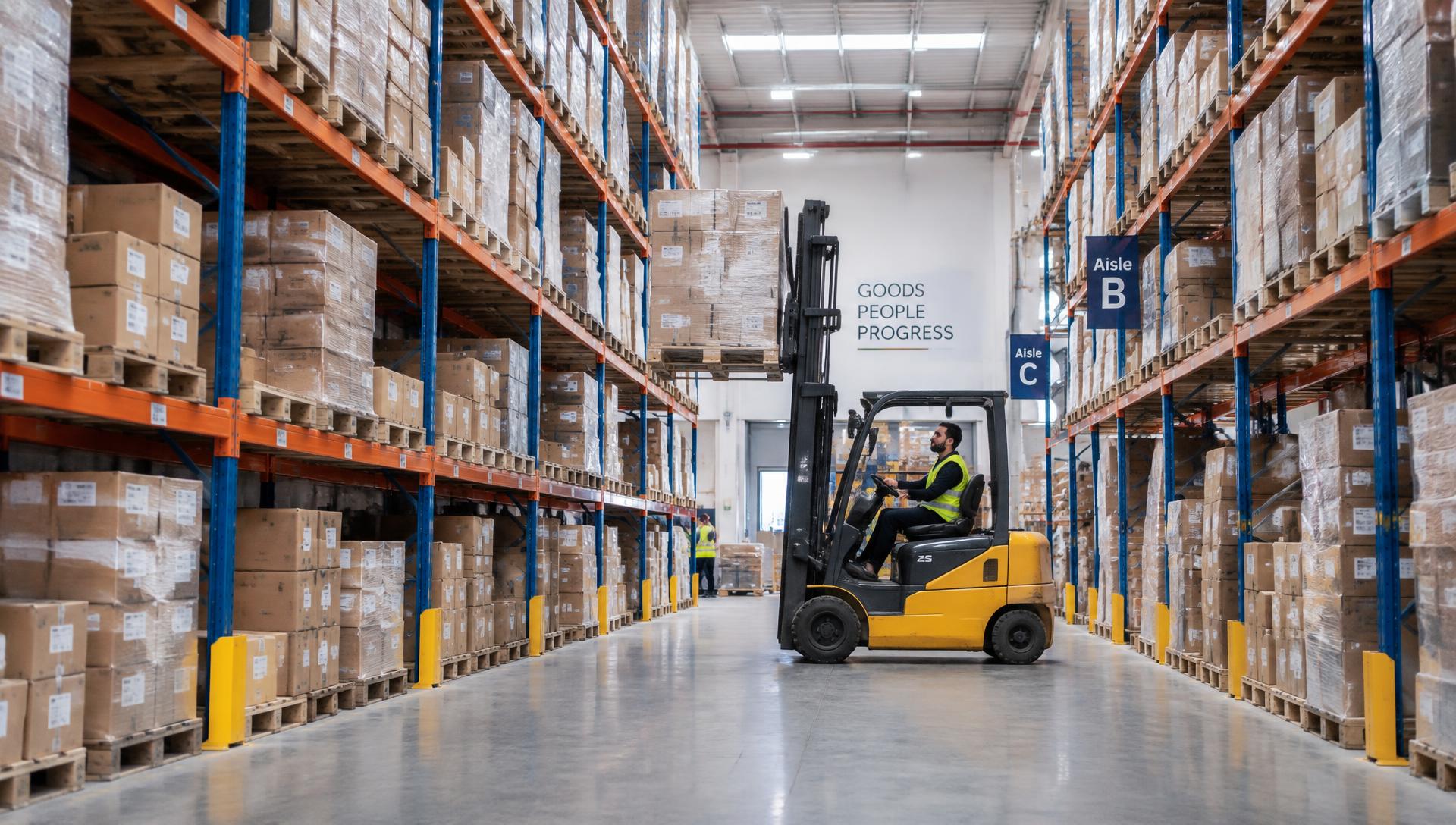 Wholesale distribution warehouse with organized pallet racking and a forklift moving inventory